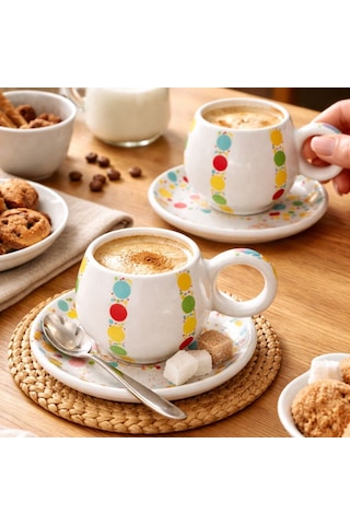 Dyris 2 Li Renkli Kahve Fincanı Seti 7 Cm Fincan 12 Cm Tabak Espresso Cappuccino Americano Beyaz X Renkli