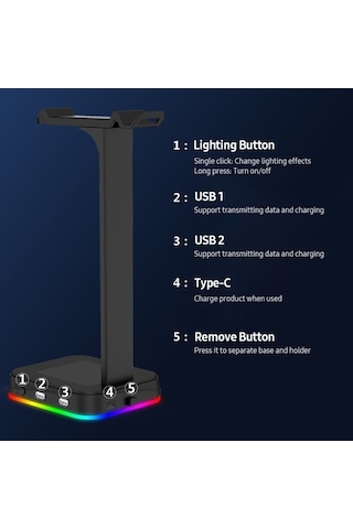 Pazly Rgb Bilgisayar Standı Kulaklık Tutucu, 2'li Hub, Usb Şarj, Çıkarılabilir Askılı, Oyuncu Kulaklık
