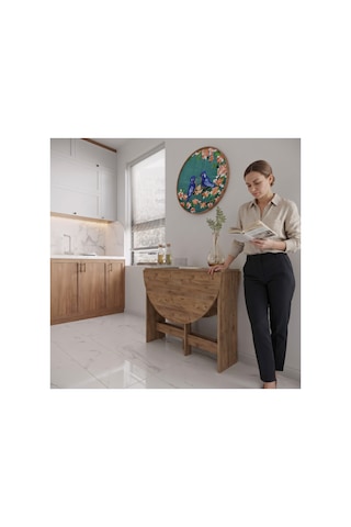 Pratik Katlanır - Açılır Kapanır Yuvarlak Mutfak Yemek Çalışma Masası - 6 Kişilik - %100 Mdf Çam