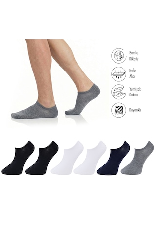 Lion Monroe Saf Bambu Erkek Sneaker Siyah - Beyaz - Lacivert - Gri Çorap Dikişsiz Görünmez Bilekte Spor Çorap Premium 6'lı L5952aznb Softaura