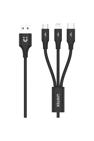 Unıtek Usb-a 3in1 Hızlı Şarj Kablosu 1.2mt 2.4a Mıcro Usb, Type-c, Lıghtnıng C14049bk