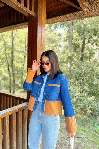 Kadın Mavi & Turuncu Denim Kontrast Çift Renk Detay, Ön Düğmeli Manşetli, Kot Ceket Turuncu
