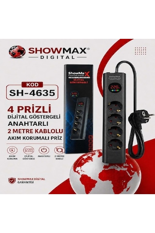 Showmax Sh-4635 Dijital Göstergeli 4lü 2metre Kablolu Akım Korumalı Grup Priz 2 M