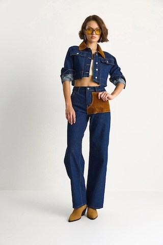 Shade Kadın Kadife Yaka Ceket Renk Bloklu Wide Leg Pantolon Denim Takım 6087 60283532 - Lacivert