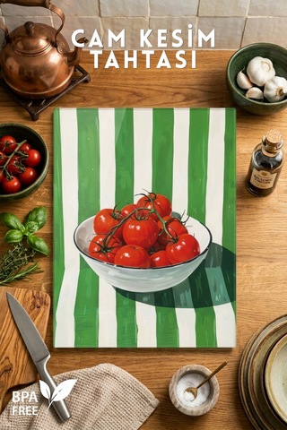 Domates Desenli Cam Kesim Tahtası - 25x35cm -dayanıklı Ve Pratik Kesim Matı Kırmızı