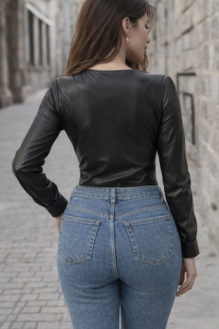 Efnaz Style Kadın Uzun Kollu Derin V Yakalı Deri Zıbın Siyah