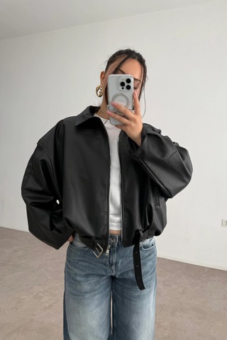 Pop Story Kadın Oversize Bomber Premium Deri Ceket Kemerli Siyah Siyah