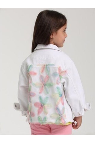 Kız Çocuk Çiçek Desenli Kot Ceket-15633 Beyaz