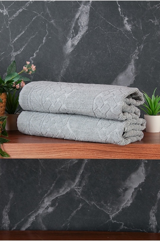 Ayak İzi Desenli 2li Ayak Havlusu - 50x70 Cm - Su Emici Banyo Paspası Seti - Gri Gri