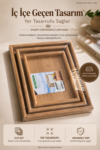 Bambu Tepsi 3'lü Set - Sunum Ve Dekoratif Tepsi Kahverengi