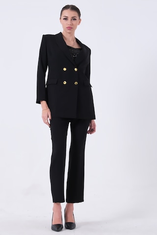 Feminist Siyah Kadın Dört Düğmeli Kruvaze Blazer Ceket & Pantolon Takım 0106305