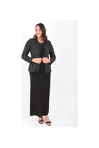 Ladies First Büyük Beden 3306 Siyah Gümüş Abiye Ceket+Elbise Takım