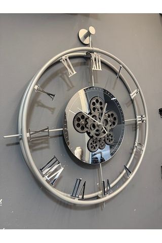 Metaquartz Aksesuar Premium Gümüş Dönence - Çarklar Dönmektedir - Metal Çarklı Duvar Saati Gümüş