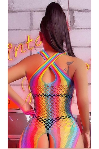 Gökkuşağı Desenli Fileli Fantezı Vücut Çorabı Çok Renkli