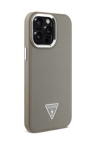 Apple Uyumlu iPhone 13 Pro Max Kılıf Guess Lisanslı M-safe Şarj Özellikli Grained Triangle Kapak Kahverengi