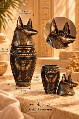 Anubis Antik Mısır Temalı Dekoratif Vazo El Yapımı Bronz Altın Görünümlü Biblo