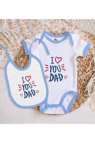 Bk Kids I Love You Dad Tasarımlı Mavi Bebek Body Zıbın Ve Mama Ön Çok Renkli