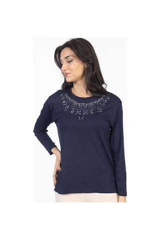 Yeni Model Taş İşlemeli Yuvarlak Yaka Likralı Anne Penye Bluz 6420-lacivert
