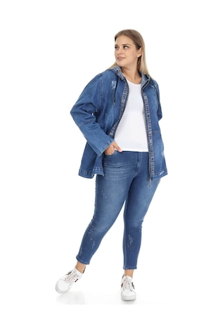 Mia Butik Büyük Beden Taşlı Mavi Kot Ceket-350 Mavi