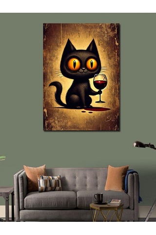 Kanvas Tablo Şarap Tutan Siyah Kedi 50cmx70cm