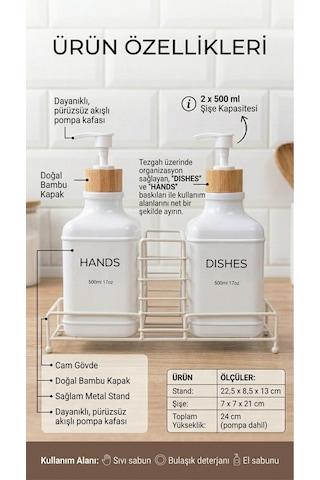 Makri Home Stantlı Bambu Kapaklı İkili Cam Sıvı Sabunluk & Deterjanlık Seti 2 500 Ml, 22,5 8,5 24 Cm Beyaz