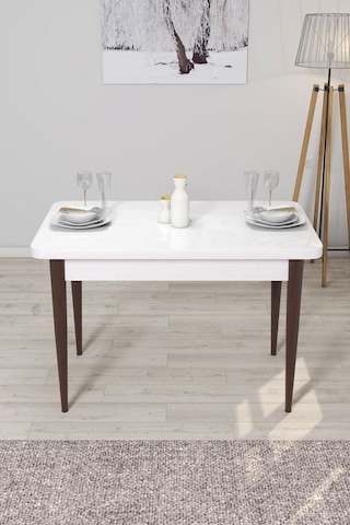 Canisa Concept Arp Serisi Sabit Mutfak Masası Takımı 70x110 Beyaz Ceviz Masa 4 Lacivert Sandalye Masa Beyaz/ Sandalyeler Lacivert