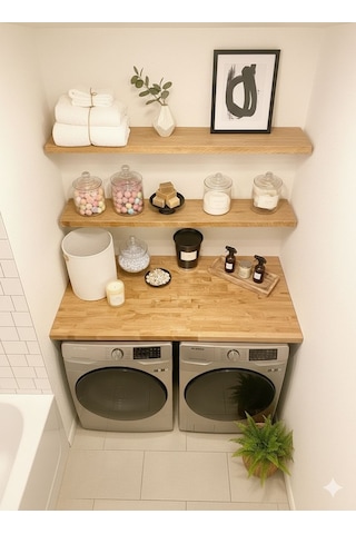 Kumsal Concept %100 Masif Ahşap Çamaşır Makinesi Ve Kurutma Makinesi Üstü Ve Duvar Rafları 120x60cm
