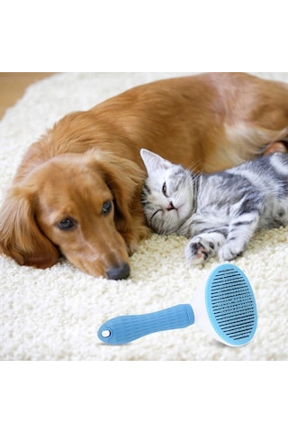 Biishe Kedi Köpek Tüy Toplayıcı Kendini Temizleyebilen Ergonomik Saplı Evcil Hayvan Tarağı Mavi