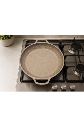 Hanımeli Granit Kaplamalı Döküm Tava 34cm Lüks Mutfak Çözümü Krem Çok Renkli