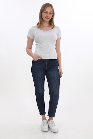 Monox Kadın Fitilli Likralı Pamuk Basic Tshirt Gri