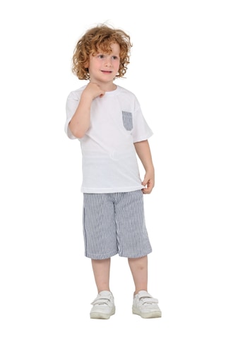 Erdem Kıds Erkek Çocuk Basic T-shirt Şort Çizgili Kaprili Yazlık 2'li Takım Lacivert Lacivert