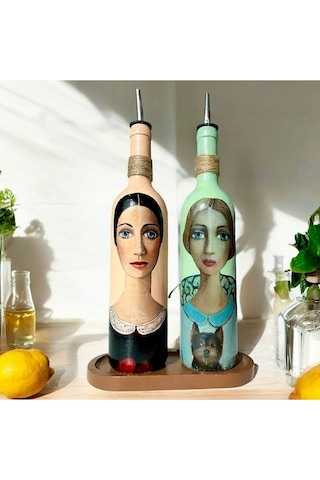 Kadın Desenli 750 Ml Zeytinyağı Sıvıyağ Şişesi Yağdanlık Yağlık Sirkelik Sosluk 2'li Set 56889110 Çok Renkli