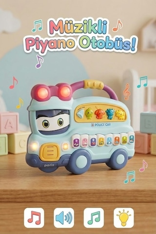Eğitici Müzikli Işıklı Piyano Otobüs - Hayvan Sesli Ve Notalı Bebek Aktivite Oyuncağı