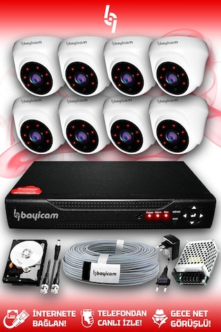 Bayicam 8 Kameralı Dome 8 İç Kamera Set 2 TB HDD Full HD Gece Görüşlü Güvenlik Kamerası Sistemi