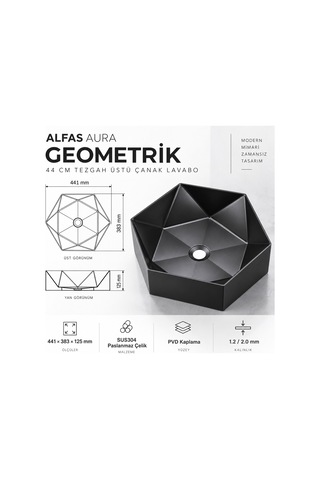 Alfas Aura Geometrik 44 Cm Pvd Mat Siyah Tezgah Üstü Çanak Lavabo Pvd 304 Paslanmaz Çelik