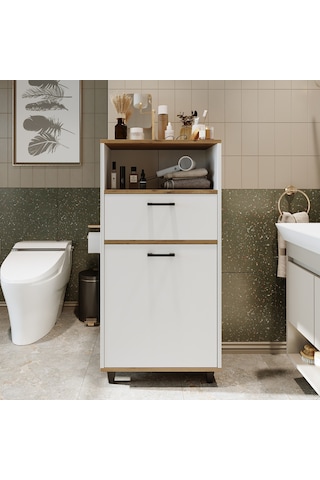 Çamaşır Sepetli Banyo Dolabı, Çok Amaçlı Dolap 60 Cm, Roomart Atlantik Çam - Beyaz