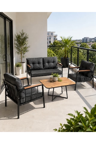 Liva Bahçe Balkon Oturma Grubu - 2+1+1 Takım + Sehpa - Siyah Metal İskelet Antrasit