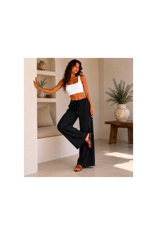 Hira Life Fashion Kadın Kumaşı Kabartma Detaylı Bol Paça Ve Önü Bağcıklı Salaş Burgu Şık Pantolon Siyah Siyah
