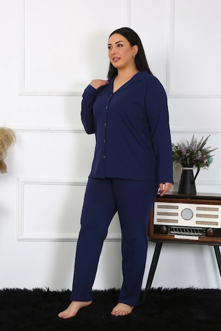 Lenaca Kadın Büyük Beden Pamuklu Cepli Düğmeli Lacivert Pijama Takım Lacivert