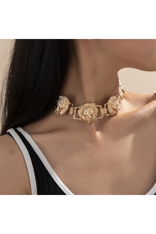 Mücevher Kişiliği Geometrik Punk Hayvan Kolyesi Abartılı Metal Kabartma Aslan Başı Üç Boyutlu Kolye Diğer