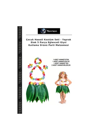 Terrien Çocuk Hawaii Kostüm Seti - Yaprak Etek 5 Parça Eğlenceli Giysi Kutlama Ürünü Parti Malzemesi Çok Renkli
