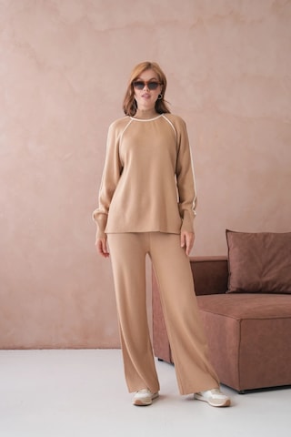 Kadın Dik Yaka Kazak Pantolon İkili Triko Takım Açık Camel