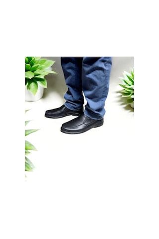 Deri Bağcıksız Makosen Günlük İş Ayakkabısı-1k Siyah