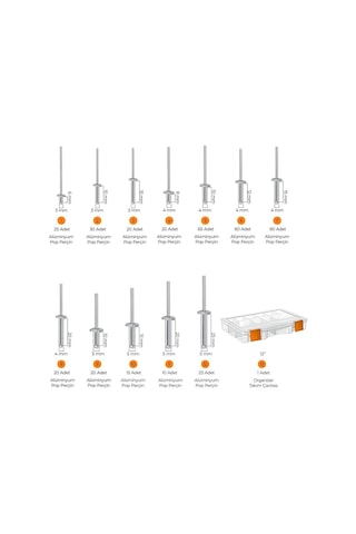 Toko Hobi-4 Alüminyum Pop Perçin Seti 411 Parça 13 Çeşit Organizer Takım Çantalı