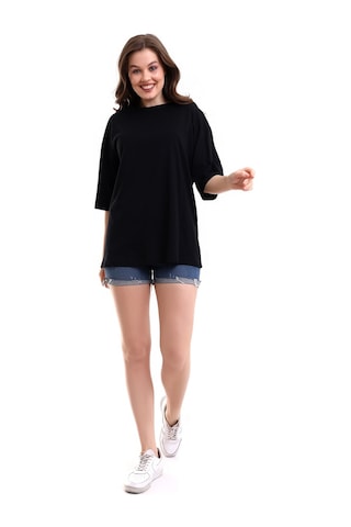 Winmoda34 Unisex Bisiklet Yaka Oversize Boyfriend T-shirt Siyah