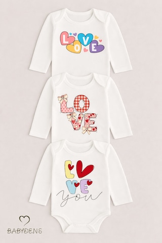 Babyden's Love Temalı 3 Lü Bebek Body Seti %100 Pamuk Uzun Kollu Çıtçıtlı Bebek Zıbını Unisex Beyaz