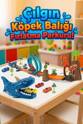 Çılgın Köpek Balığı Fırlatma Parkuru - 3 Arabalı 360 Derece Takla Atan Yarış Pisti Seti 32 Parça