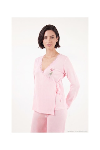 Lela Desenli Dantel Detaylı Bağlamalı Uzun Kollu Pijama Takımı Kadın Pijama Takımı 6575024 Pembe
