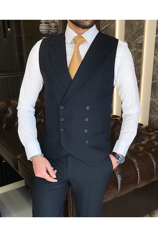 İtalyan stil slim fit erkek ceket yelek pantolon takım elbise lacivert T9134-Lacivert