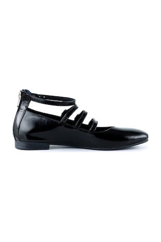 Erkan Saçmacı Elenuta Siyah Hakiki Deri Rugan Dört Bant Tokalı Fermuarlı Balerin Babet Siyah